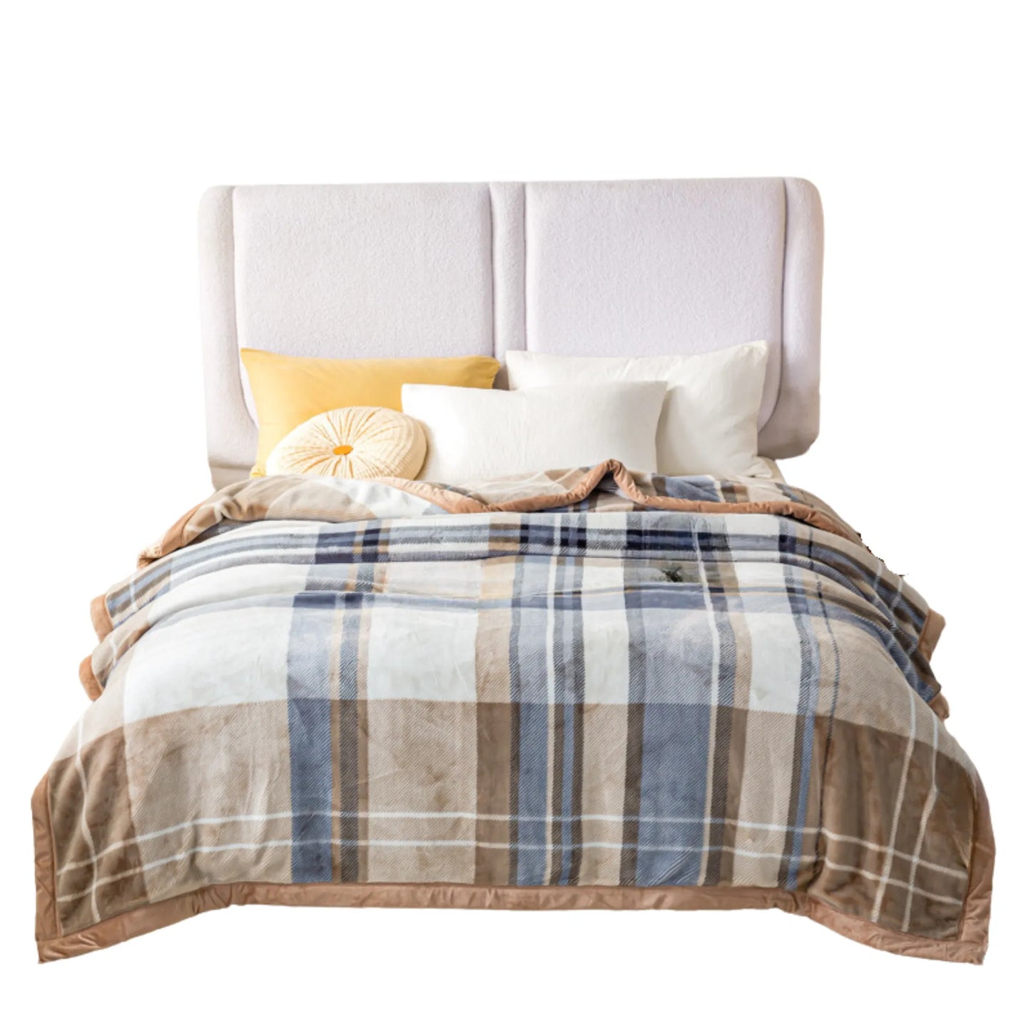 SilkenWarmth Raschel blanket, blue-brown plaid, on bed