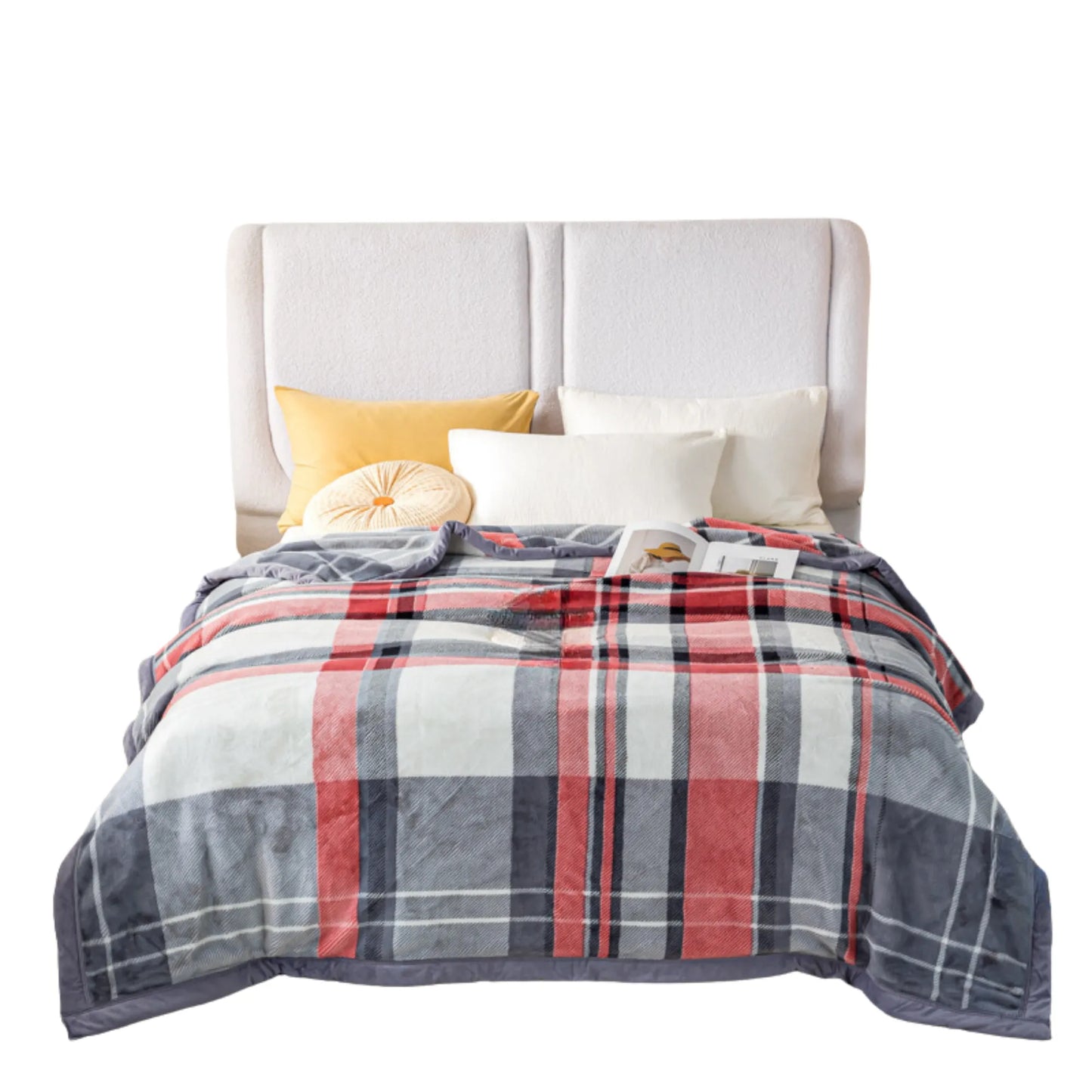 SilkenWarmth Raschel blanket, red-gray plaid, on bed